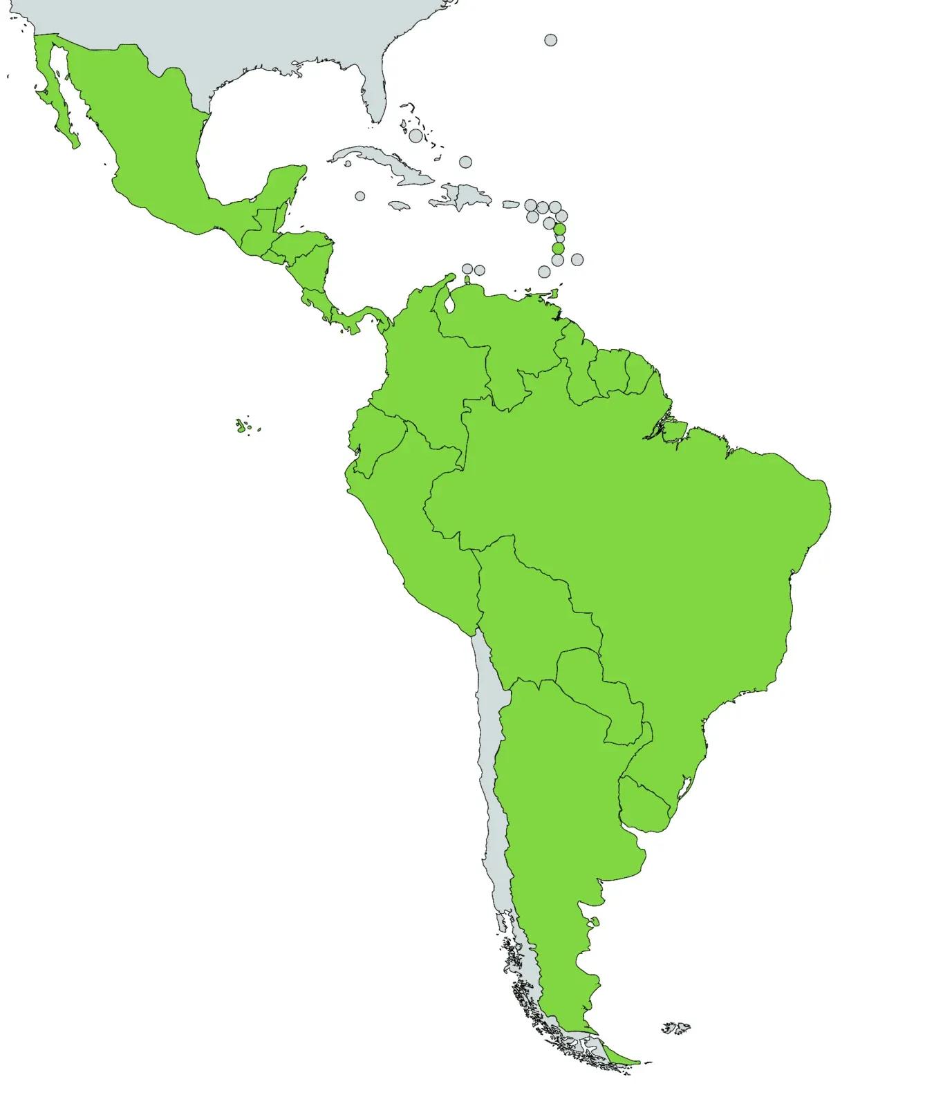 Map of the native range of Boa Constrictors showing Central and South America