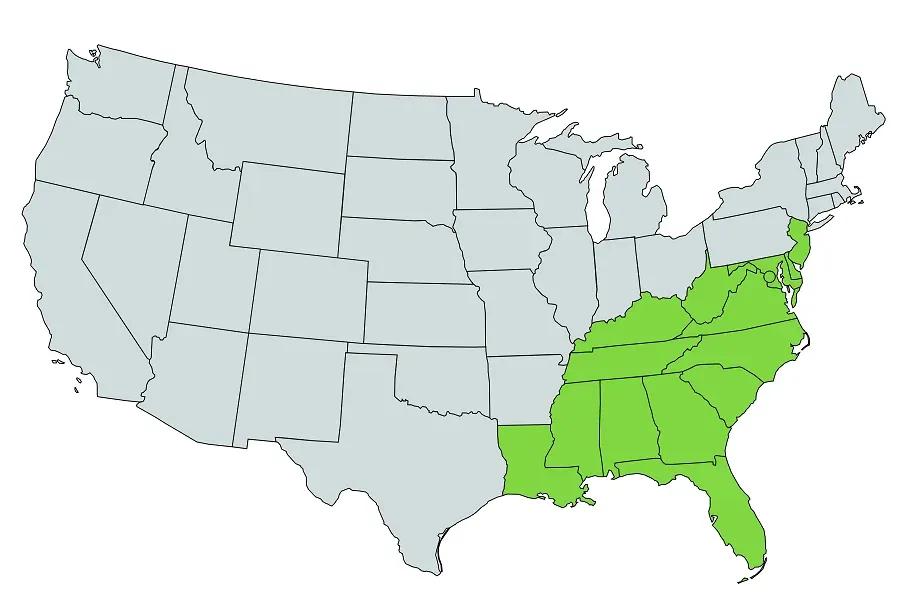 Corn snake distribution map showing the eastern United States 