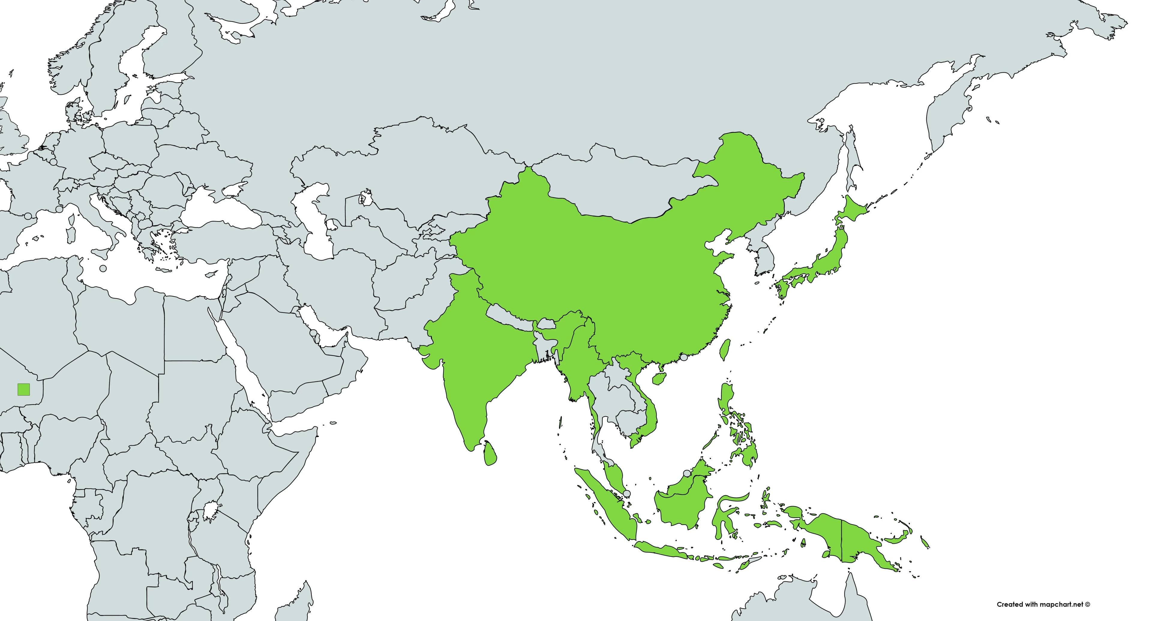 Map of mourning gecko natural distribution in Asia